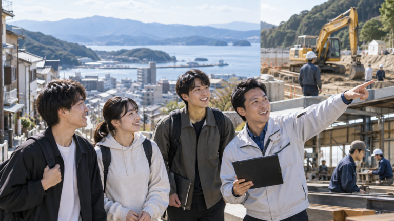 地方の街と建設現場・工場を若者が社員と一緒に見学している様子