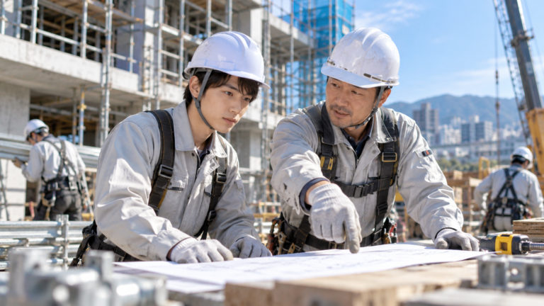 建設現場で先輩社員から仕事を教わる未経験の若手社員